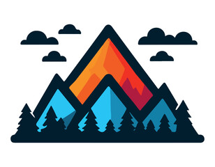 Minimalist mountain landscape with sunrise and clouds. eps