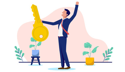 Businessman with key to success - Businessperson man standing holding golden key in hand, cheering and feeling happy for opening new opportunities in career and business. Flat design vector graphic