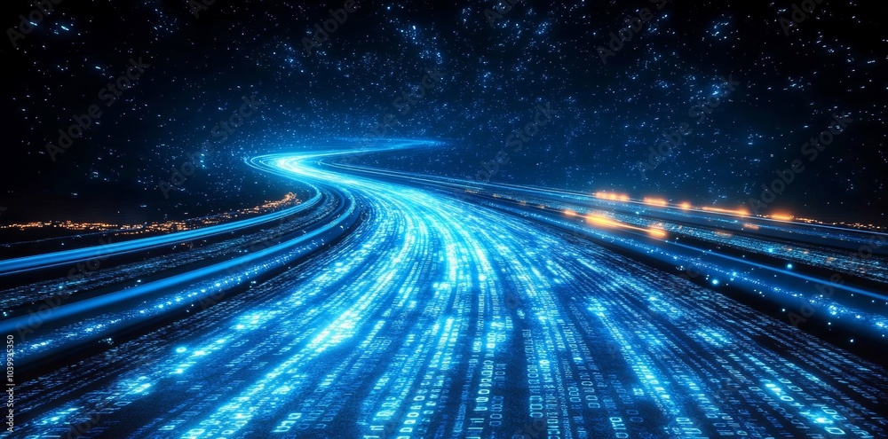 Poster abstract highway path through digital binary towers in city. concept of big data, machine learning, 