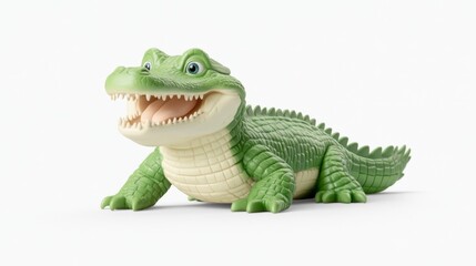 Obraz premium A green and white toy alligator with a big smile, lying on its belly.