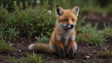 Fototapeta premium A young red fox with a white chest and a bushy tail sits in the forest, looking curiously to the right.