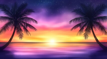 Obraz premium Palm trees silhouetted by a vibrant sunrise, purple and gold sky, ocean waves in the distance, calm ambiance, watercolor painting