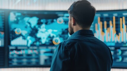 Professional analyzing data on advanced digital display in modern office.