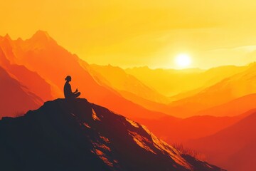 Tranquil meditation at sunset in minimalistic mountain landscape