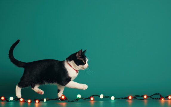 Playful black and white cat walking among colorful holiday lights, vibrant teal background.