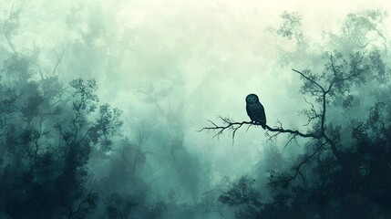Fototapeta premium Silhouette of an owl on a branch, shrouded in mist, forest fades into a foggy green and blue haze, detailed digital artwork, horizontal format