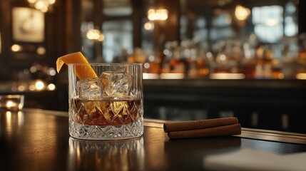 Whiskey Glass with Ice and Orange Twist at Bar