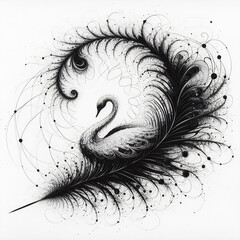 A minimalist fantasy with black ink and a swan feather on a white background on the theme of fractals