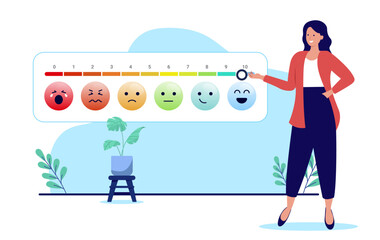 Top satisfaction score and rating in business - Woman person standing, measuring great customer and consumer feedback and evaluation for business and company. Flat design vector illustration