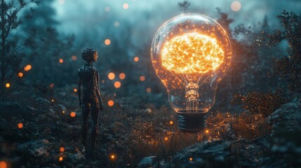 futuristic scene depicting humanrobot interaction featuring a glowing brain light bulb symbolizing ai and big data the composition blends technology and creativity in an innovative environment