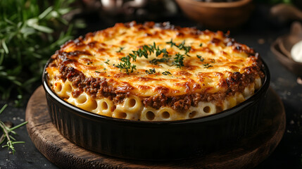 A traditional serving of Pastitsio, a baked pasta dish with layers of macaroni, spiced minced meat, and creamy béchamel, topped with grated cheese and baked until golden brown