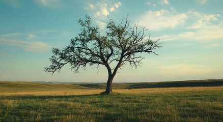 Obraz premium View of a green hill with a tree. Nature with meadows. Lots of greenery, protecting the environment. Reduction of carbon dioxide emissions. Reduction of CO2 emissions. Caring for nature. Earth Day.