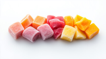 Colorful frozen fruit cubes arranged in row, showcasing vibrant shades of pink, orange, and yellow. These delightful treats are perfect for smoothies or snacks.