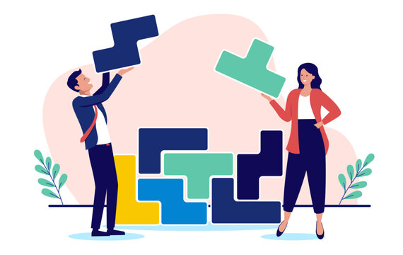 Problem solving in business - Two people working on method for logic systematic puzzle development, using teamwork strategy and coming up with solution. Flat design vector graphic illustration