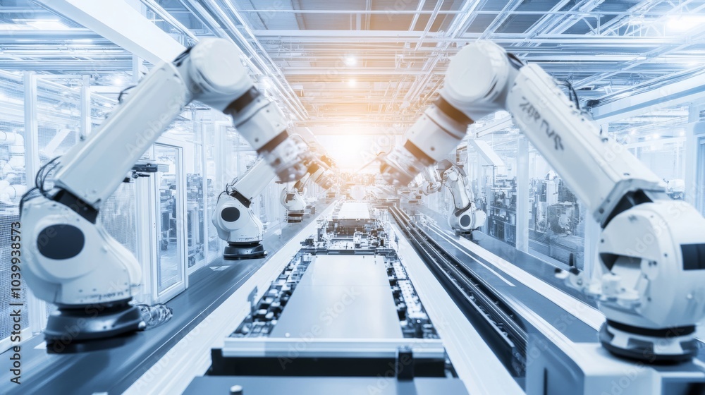 Aufkleber A high-tech robotic assembly line in a clean electronics factory, featuring robots assembling complex components, clean and organized environment with a focus on high-speed automation