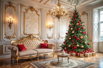 Fototapeta premium Elegant Baroque Christmas Scene with Tall Tree and Luxurious Sofa in Light Room