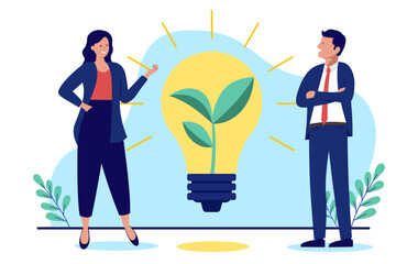 Green environmental innovation in business - Eco friendly smiling businesspeople innovating and coming up with idea for renewable energy for company. Flat design vector graphic illustration 