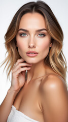 Fototapeta premium Stunning Beauty Model Portrait Showcasing Flawless Skin and Natural Makeup on White Background