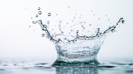 A single water droplet creates a crown-shaped splash with air bubbles against a white background.