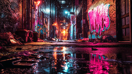 Obraz premium “Neon Dreams: Reflections in a Rain-Kissed Alley”