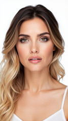 Fototapeta premium Stunning Beauty Model Portrait Showcasing Flawless Skin and Natural Makeup on White Background