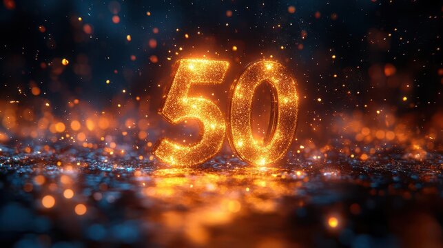golden 50 symbol prominently displayed in a 3d illustration reflecting light and emphasizing celebration and achievement set against a dynamic festive background