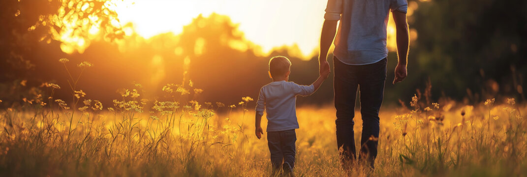 A father and son share a meaningful walk through a sunlit field, emphasizing connection amid nature&rsquo;s beauty.