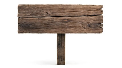 Blank Wooden Sign in Dark Oak Texture Standing on Wooden Post on White Background