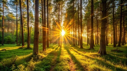 Fototapeta premium Close-Up sun shining through trees in evening forest