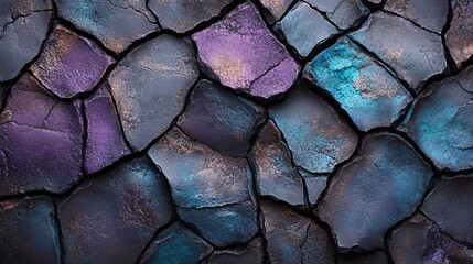 Deep Purple and Black Cracked Surface with Turquoise Hues