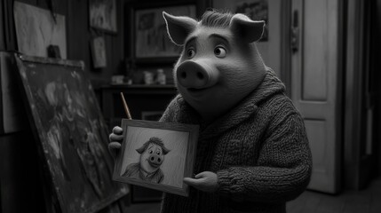 A pig artist holding a self portrait in his studio.