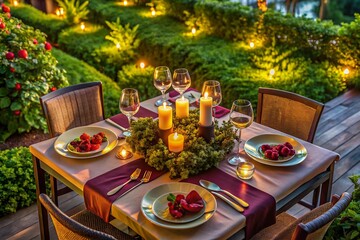 Obraz premium Elegant Candlelit Dinner with Wine - Drone Photography of a Romantic Table Setting