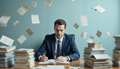 Government official in formal attire allocating funds at wooden desk surrounded by financial papers
