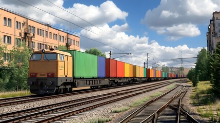 Cargo Train Transporting Colorful Shipping Containers Through Urban Industrial Landscape