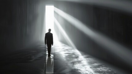A man in a black suit walks towards a bright door in a dark tunnel, symbolizing hope and progress towards a better future.