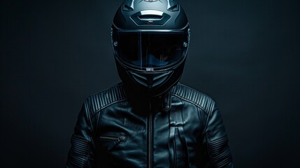 A person in a black motorcycle helmet and leather jacket, with diamond patterns, stands confidently in a dramatic setting. The gear symbolizes security and trustworthiness.