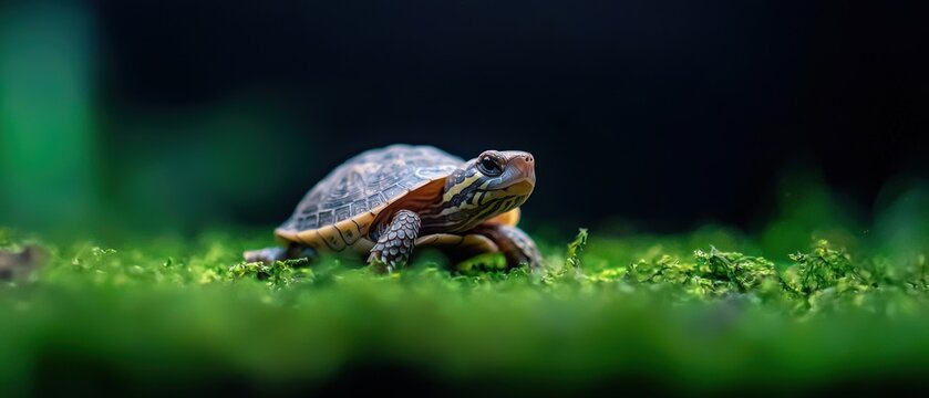 A close-up of a turtle on lush green moss, showcasing its textured shell and curious expression.