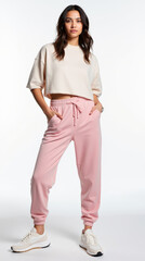 Trendy Fashion Model Posing in Modern Athleisure Wear for Active Lifestyle on White Background