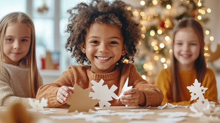 smiling children making paper crafts during christmas holidays, generative ai