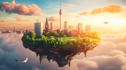Naklejka premium 3d illustration of fantasy floating Berlin surface with Fernsehturm, illustration of flying land with beautiful land scape. World landmark and historical place, tour guide for traveling agency
