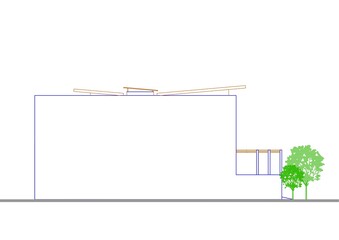 Obraz premium 2D Side View of a Two-Story House with Trees in Front: A Modern Minimalist Design Featuring Clean Lines and Simplistic Architecture, Highlighting the Harmony Between the Structure and Its Surroundings