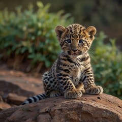A cute leopard cub with blue eyes sits on a rock in a natural setting.