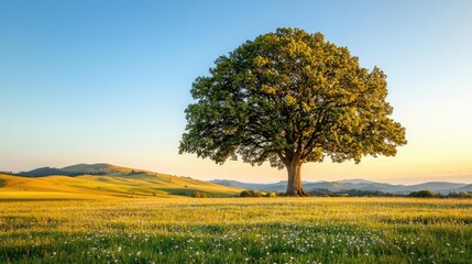 Fototapeta premium Lone tree standing majestically amidst a vibrant green field at sunset.