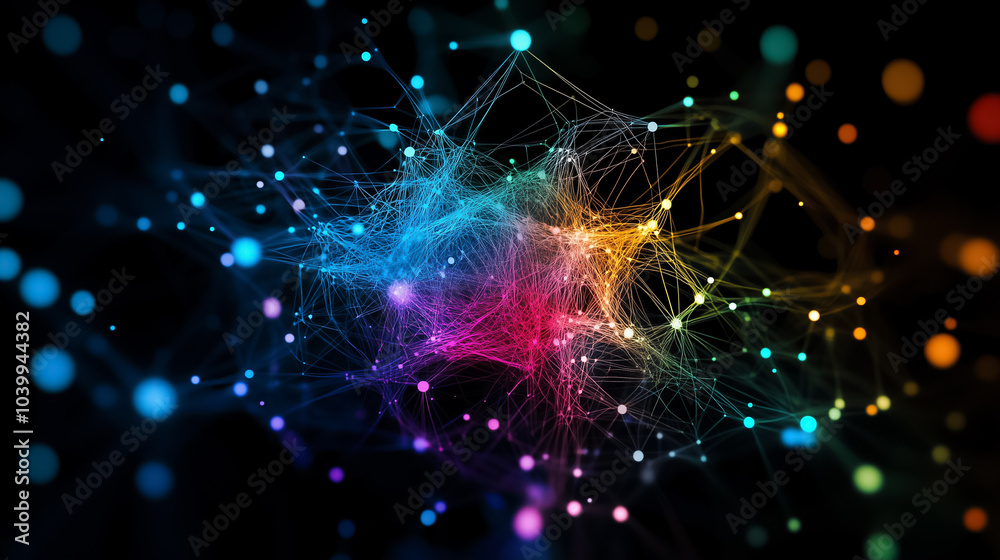Poster a neural network is portrayed with colorful nodes connected by intricate lines, illustrating complex