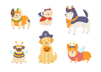 Set of the cute dogs in halloween costume. Halloween flat puppies cartoon vector collection.