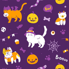 Bright halloween pattern with cute pets in costume. Seamless vector halloween print for kids.