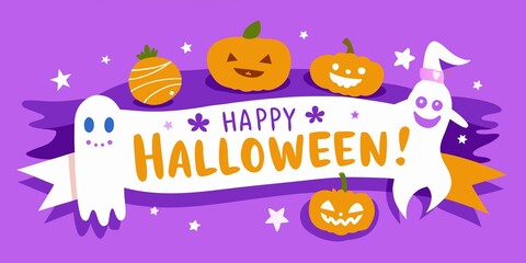 Cheerful Halloween banner with pumpkins, ghosts, and festive decorations