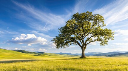 Fototapeta premium Lone tree in a lush green field under a bright blue sky with fluffy clouds.