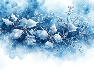 A winter landscape with watercolor spots of light blue, snowflakes, and white background.
