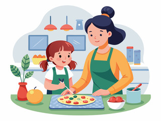 A mother and daughter making pizza together in a brightly lit kitchen on a sunny day